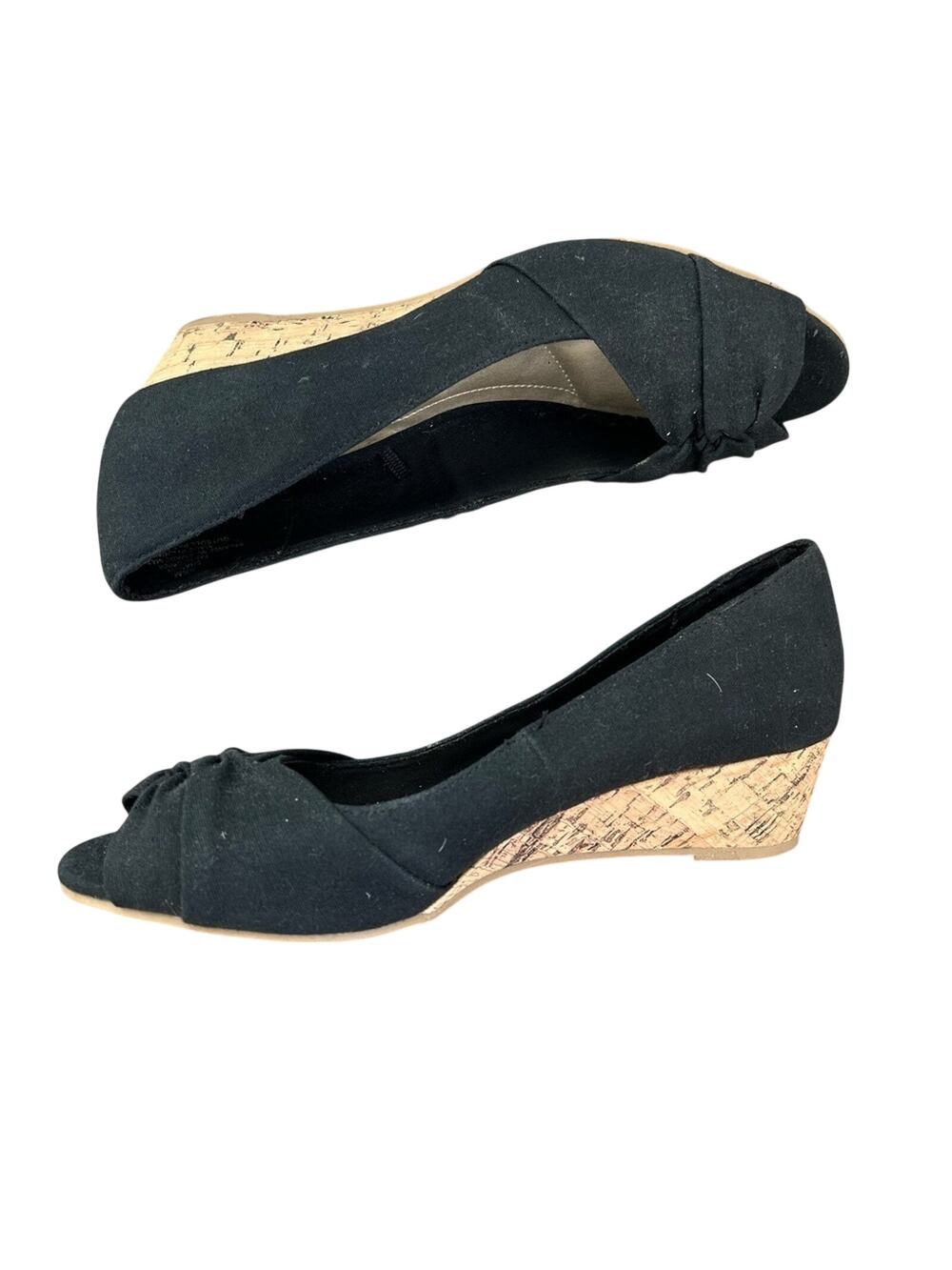 SEYCHELLES PEEP TOE BLACK CANVAS AND CORK WEDGES SIZE 8.5